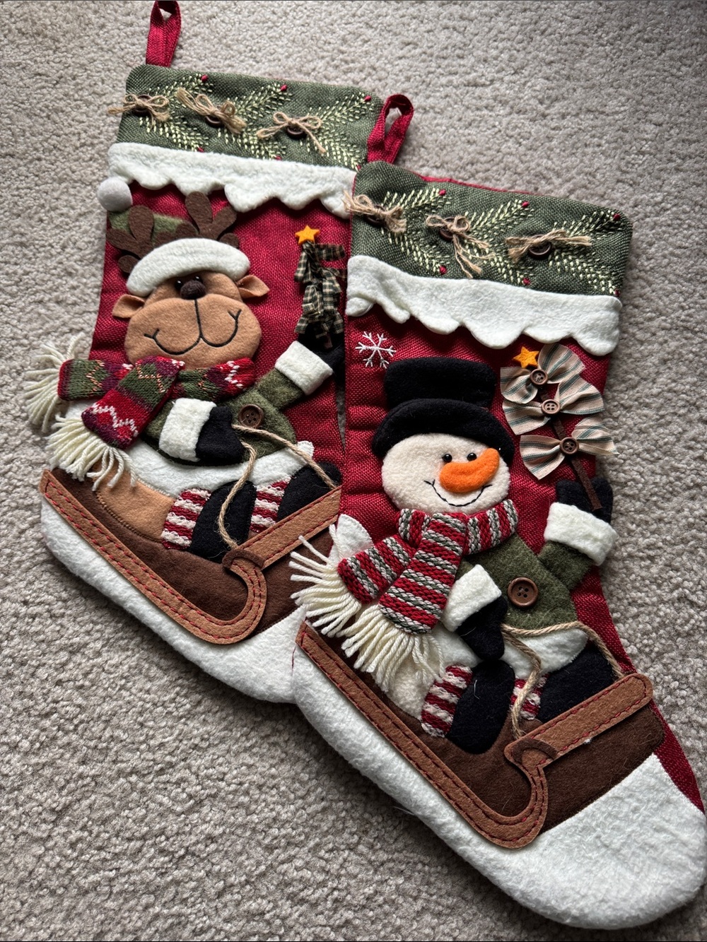 Holiday Snowman and Reindeer Christmas Stockings - Red & Green